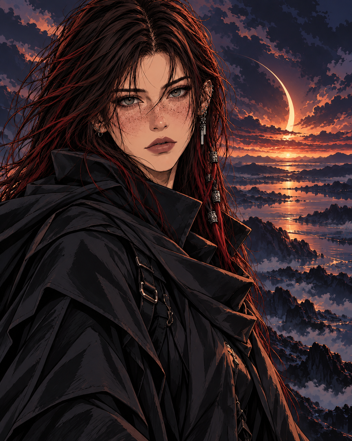 Nyx in einem dunklen Mantel vor einer felsigen Küste im warmen Abendlicht, gezeichnet als farbiges Manga-Key-Art.